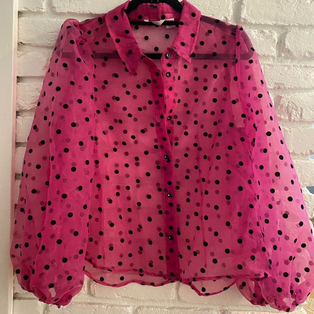 Fuchsia Sheer Party Blouse with Black Polka Dots